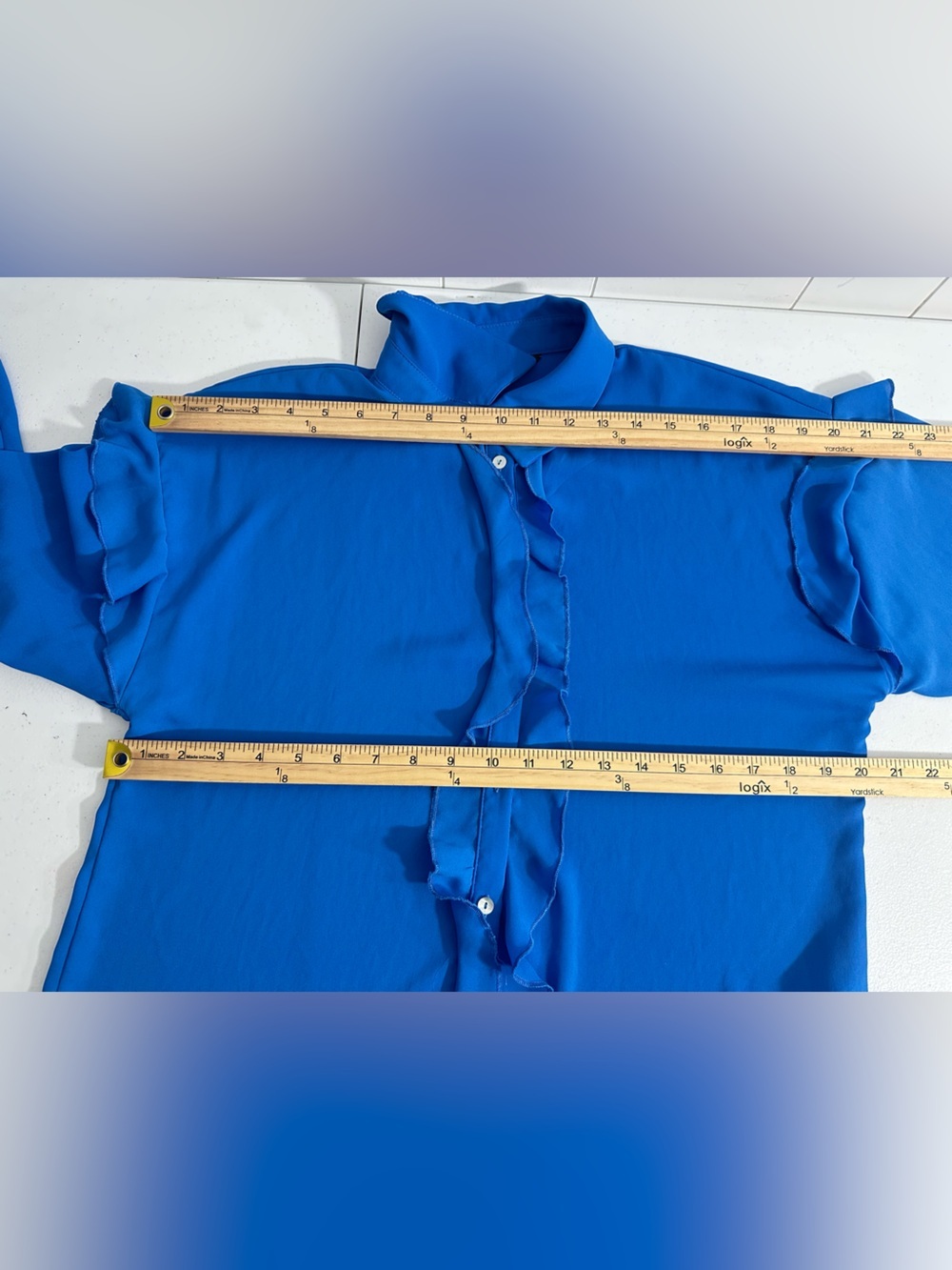 Zara Women's Size M Blue Long Sleeve Ruffle Button Down Shirt Blouse Top - Picture 9 of 11